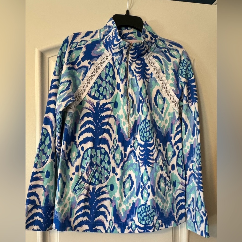 Lilly Pulitzer Blue and Green Half-zip Popover with Lace